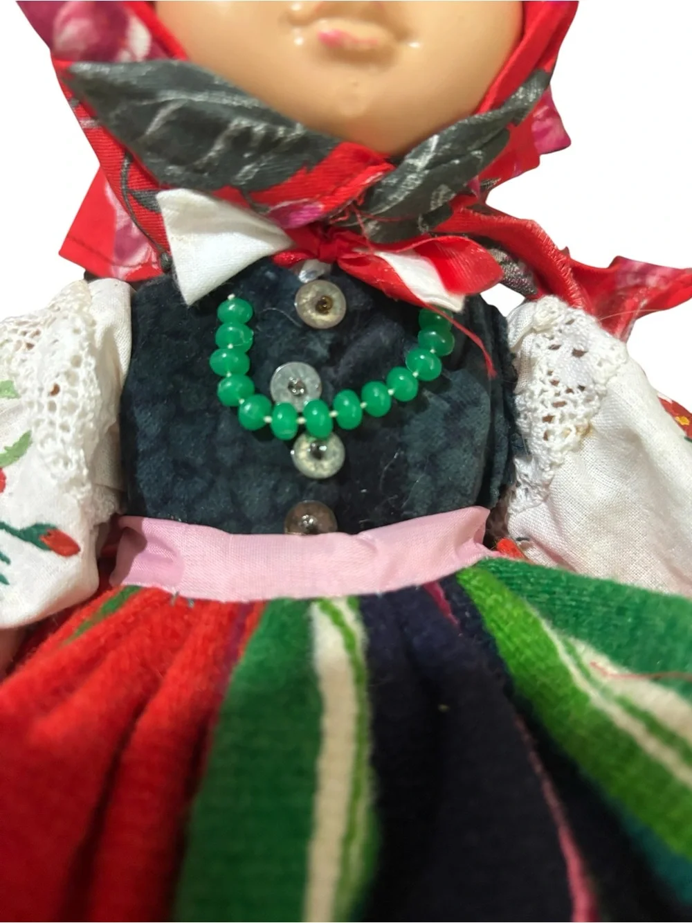 Vintage Polish Doll in Red Floral Headscarf and Colorful Folk Dress